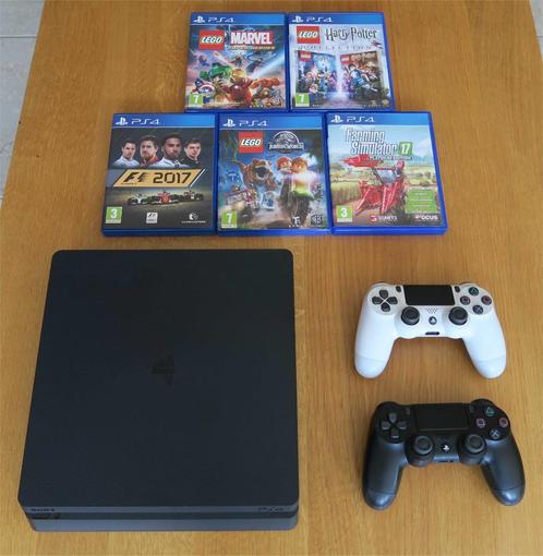 SONY PlayStation 4 (Slim) 500 GB + 2 controllers + 5 spellen, Spelcomputers en Games, Spelcomputers | Sony PlayStation 4, Zo goed als nieuw