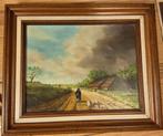 Olieverfschilderij met herder en schapen, ingelijst, Ophalen of Verzenden