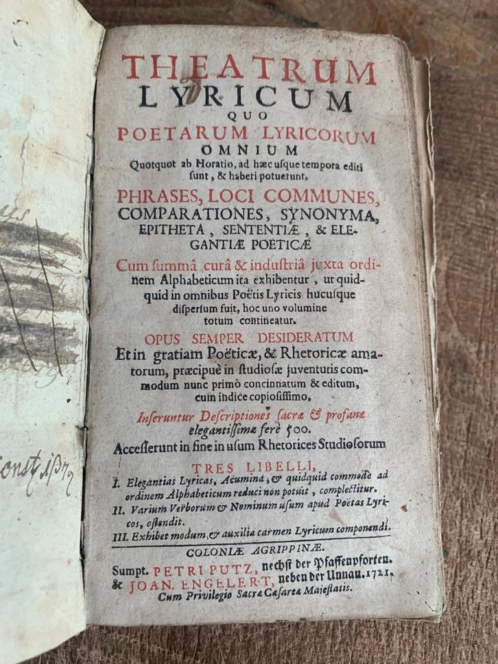 Theatrum lyricum 1721 Latijnse poezie perkamenten band, Antiek en Kunst, Antiek | Boeken en Bijbels, Ophalen of Verzenden