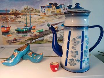 Vintage Franse Koffiepot - Blauw/Wit Bloemmotief beschikbaar voor biedingen