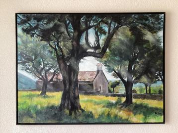 Schilderij.Bergkapel Boltana Spaanse Pyrineeen.Gesigneerd AH beschikbaar voor biedingen