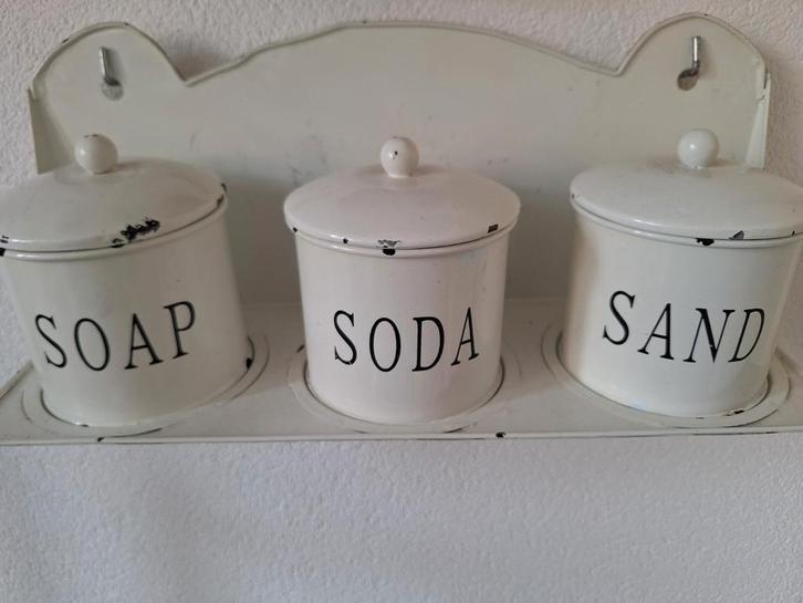 Vintage Keukenrek met 3 Voorraadpotten, Huis en Inrichting, Woonaccessoires | Schalen en Manden, Gebruikt, Schaal, Rechthoekig