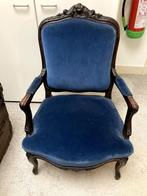 Stoel fauteuil blauw fluweel bekleed, Ophalen, Hout, Gebruikt, Blauw