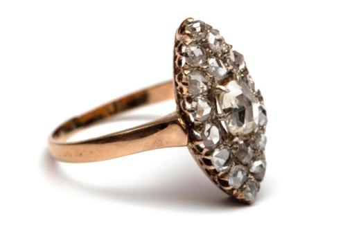 14 kt gouden markies ring bezet met roosdiamanten, ca.2.0 ct, Sieraden, Tassen en Uiterlijk, Antieke sieraden, Ring, Goud, Met edelsteen