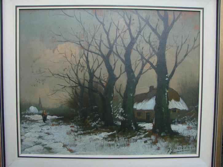 Sfeervol winterlandschap op paneel; olieverf van Giovanni, Antiek en Kunst, Kunst | Schilderijen | Modern, Ophalen of Verzenden