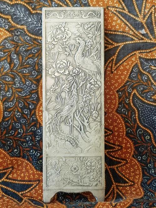 Mooie oude Chinese plak van zilverbrons met vogels 15 cm., Antiek en Kunst, Kunst | Niet-Westerse kunst, Ophalen of Verzenden