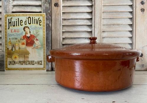 Grote bruine geglazuurde kookpan vuurvaste pot met deksel, Antiek en Kunst, Antiek | Keukenbenodigdheden, Ophalen of Verzenden