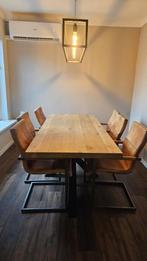 Eettafel 90x200 massief blad modern middenpoot + 6 stoelen, Huis en Inrichting, Tafels | Eettafels, 50 tot 100 cm, Zo goed als nieuw