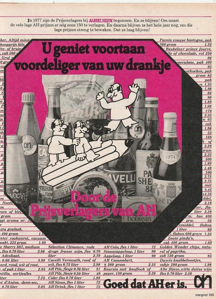 Retro reclame 1977 Albert Heijn supermarkt wijn & drank, Verzamelen, Retro, Overige typen, Verzenden