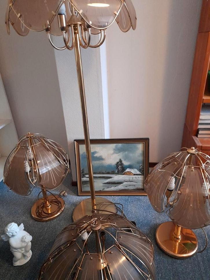 Zeldzame Lampen Set - Koperkleurig, Huis en Inrichting, Lampen | Hanglampen, Gebruikt, 75 cm of meer, Glas, Metaal, Ophalen of Verzenden