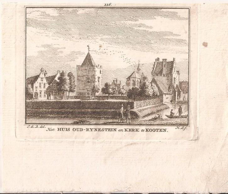 Cothen 116. Het huis Oud-Rynestein en Kerk te Kooten ca 1750, Antiek en Kunst, Kunst | Etsen en Gravures, Ophalen of Verzenden