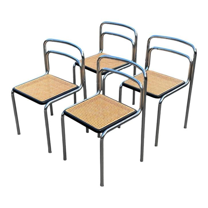 Vintage set van vier Bauhaus-stijl stoelen webbing en staal, Huis en Inrichting, Stoelen, Zo goed als nieuw, Vier, Metaal, Riet of Rotan
