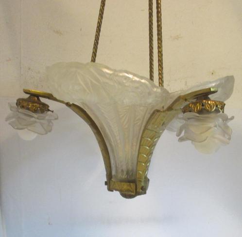 originele bronzen art deco luster grote schelpen schalen, Antiek en Kunst, Antiek | Lampen, Ophalen