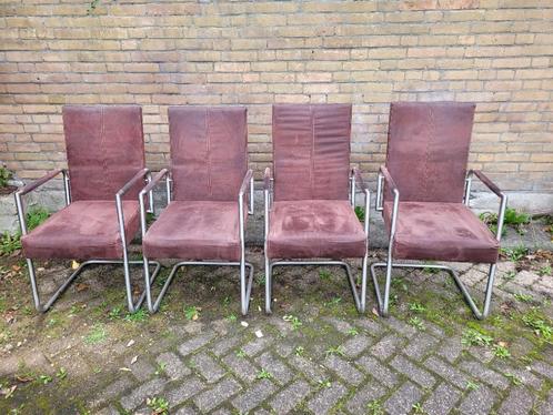 Eetkamerstoelen (4), Huis en Inrichting, Stoelen, Gebruikt, Vier, Metaal, Stof, Bruin, Ophalen