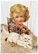gestanste victoriaanse kaart met katten/poezenmeisje 1713, Orderchamp, Amsterdam, Nieuw, Orderchamp