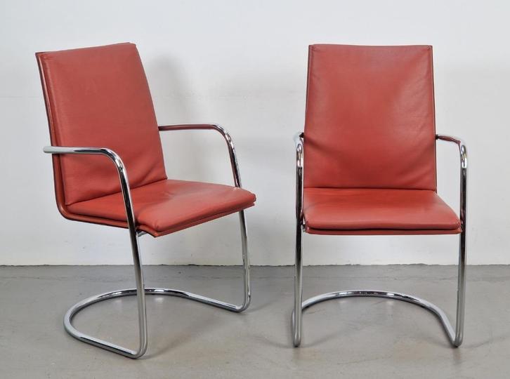 Set 2 Matteo Grassi Mizar stoel buisframe leer Italy '90, Huis en Inrichting, Stoelen, Gebruikt, Twee, Leer, Metaal, Overige materialen
