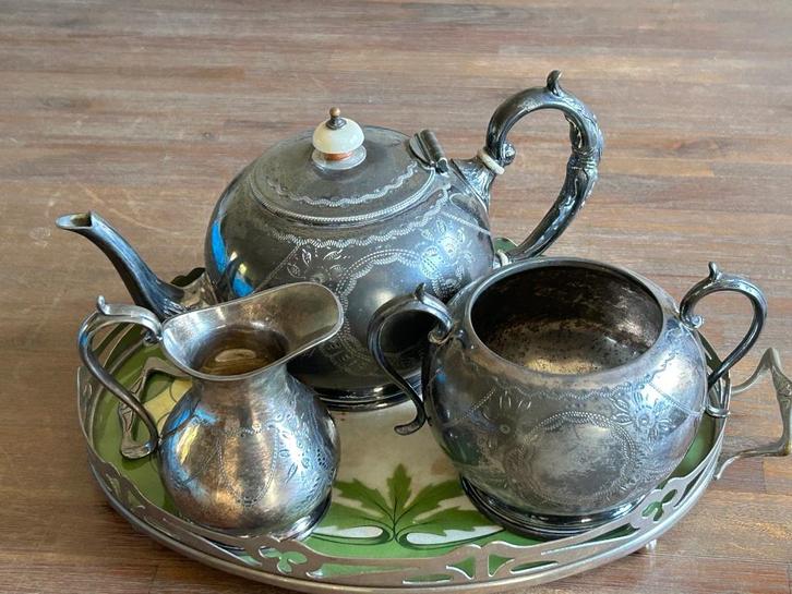 Verzilverd tinnen theestel (EBPM), Antiek en Kunst, Antiek | Tin, Ophalen of Verzenden