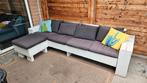Steigerhouten Loungebank met hocker en kussens, Ophalen, Gebruikt, Hout