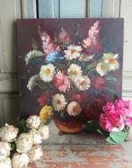 Groot,Vintage bloemen schilderij Olieverf op doek. Gesign., Ophalen of Verzenden