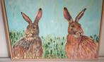 Twee hazen acryl op doek in baklijst, Ophalen of Verzenden