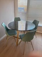 Glazen eettafel met 4 stoelen goud groen 110cm, Ophalen of Verzenden, Zo goed als nieuw, Rond, 100 tot 150 cm