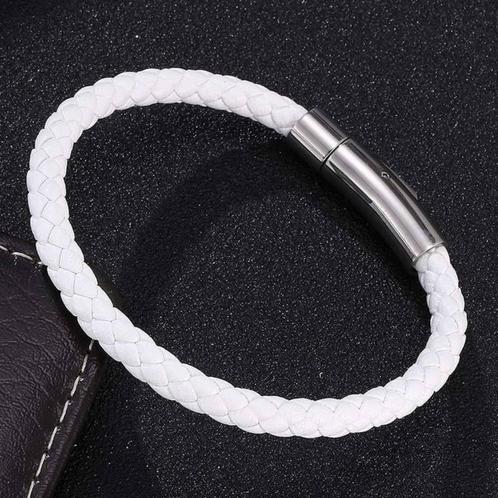 Witte Gevlochten Leren Armband / heren dames wit bandje, Sieraden, Tassen en Uiterlijk, Armbanden, Nieuw, Leer, Wit, Ophalen of Verzenden