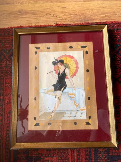 Art Deco Tekening Ingelijst burlesk, Antiek en Kunst, Kunst | Tekeningen en Foto's, Ophalen of Verzenden