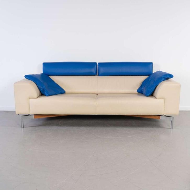 1x Leolux Howlo 3-zits/220cm Bank Blauw/Wit – Leer, Huis en Inrichting, Banken | Bankstellen, Gebruikt, Driepersoons, 200 tot 250 cm