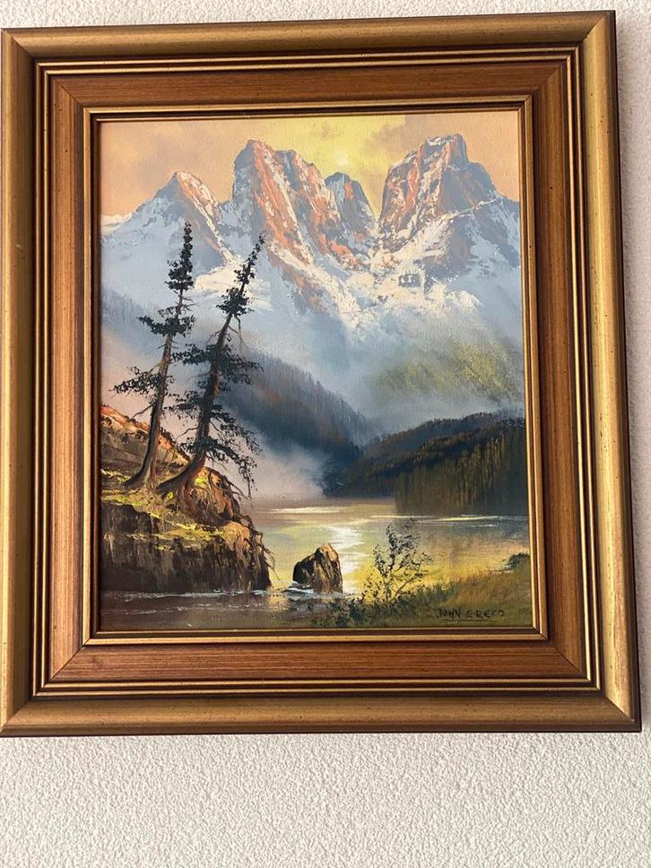 Klassiek Berglandschap Schilderij John Greco Ingelijst Art D, Antiek en Kunst, Kunst | Schilderijen | Klassiek, Ophalen of Verzenden