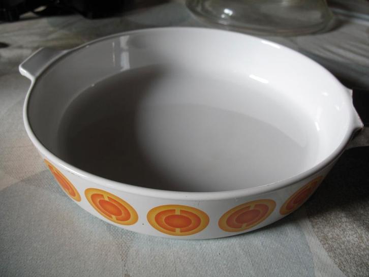 retro/vintage ! Pyroflam pan met Pyrex deksel oranje print, Huis en Inrichting, Keuken | Potten en Pannen, Zo goed als nieuw, Koekenpan of Braadpan