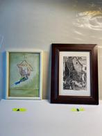 Ingelijste aquarel en gravure : A + B, Antiek en Kunst, Ophalen of Verzenden