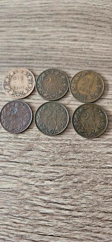Nederland 2 1/2 cent stukken 1877/1880/81/83/84 86 Willem 3 beschikbaar voor biedingen