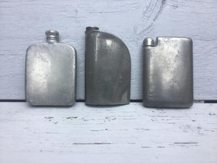 Antieke Tin Zakflacons - Set van 3 stuks - Verzamelaarsobjec, Antiek en Kunst, Antiek | Tin, Ophalen of Verzenden