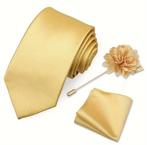 Stropdas met Pochet handgeweven effen Goud met speld -NIEUW-, Ophalen of Verzenden, Nieuw, Overige kleuren, Effen