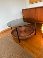 Vintage retro salontafel glas met riet rietenmand, Huis en Inrichting, Ophalen, Gebruikt, 50 tot 100 cm, Rond