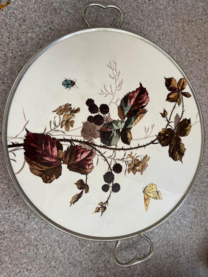 Vintage Dienblad met Bloemmotief, Huis en Inrichting, Woonaccessoires | Dienbladen, Gebruikt, Metaal, Rond, Ophalen