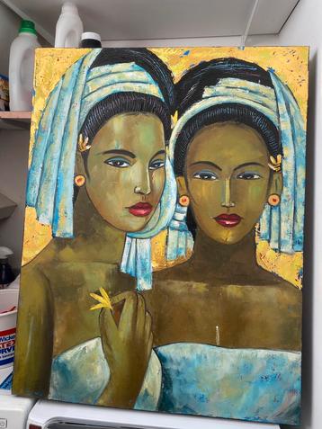 2 traditionele Indonesische vrouwen, olieverfschilderij beschikbaar voor biedingen