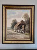 Schilderij B.H. Slotman - herder met schaapskooi en schapen, Ophalen of Verzenden
