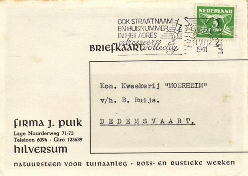 Firma J. Puik, Hilversum - 07.1941 - briefkaart, Postzegels en Munten, Brieven en Enveloppen | Nederland, Briefkaart, Ophalen of Verzenden