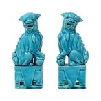 Koppel Blauw Geglazuurde Beeldjes Foo Dog Tempelleeuw 18cm, Ophalen of Verzenden, Gebruikt, Religie