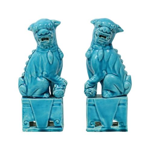 Koppel Blauw Geglazuurde Beeldjes Foo Dog Tempelleeuw 18cm, Verzamelen, Beelden en Beeldjes, Gebruikt, Religie, Ophalen of Verzenden