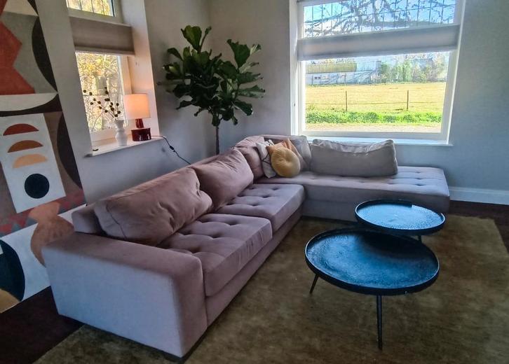 Goossens hoekbank zandkleurig stof, Huis en Inrichting, Banken | Complete zithoeken, Gebruikt, Stof, Ophalen