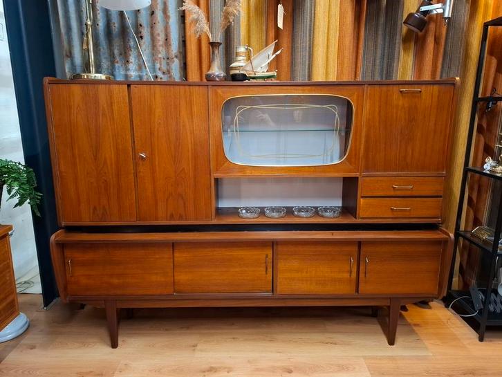 Vintage highboard wandkast teak kast wandmeubel mid century, Huis en Inrichting, Kasten | Buffetkasten, Zo goed als nieuw, 100 tot 150 cm
