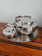 Zilverkleurige theepot met suiker en melkset, op een schaal, Ophalen, Overige stijlen, Overige typen
