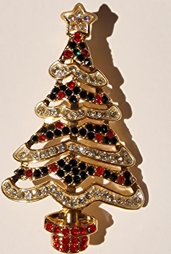 Kerstboom Broche met Strass, Sieraden, Tassen en Uiterlijk, Broches, Zo goed als nieuw, Overige materialen, Goud, 4 tot 7 cm, Met strass