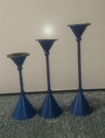 Antiek: 3 vintage blauwe kandelaren voor dinerkaarsen   , Ophalen of Verzenden