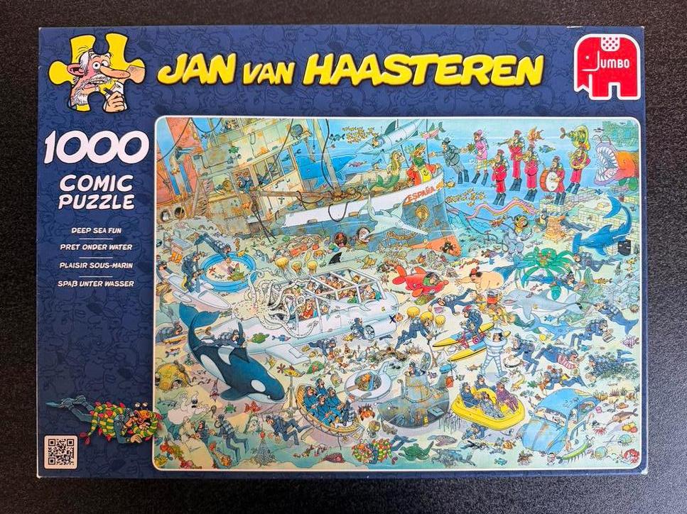 Jan van Haasteren Puzzel - Pret Onder Water 1000 stukjes, Ophalen of Verzenden, 500 t/m 1500 stukjes, Zo goed als nieuw, Legpuzzel