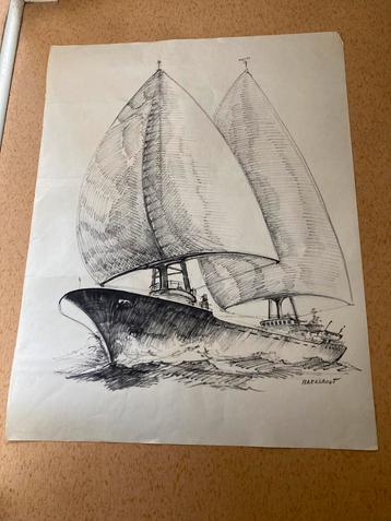 Houtskool Artist Impression Schip Frans Naerebout 1915-1988 beschikbaar voor biedingen