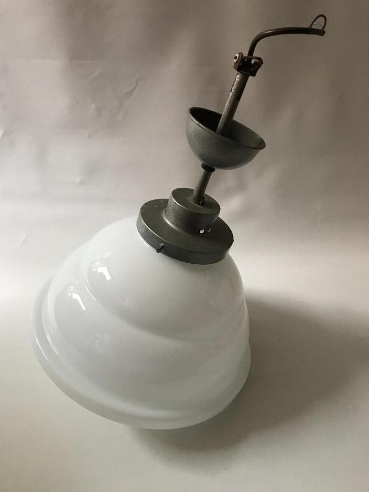 Art Deco Schoollamp - Plafondlamp, Huis en Inrichting, Lampen | Hanglampen, Gebruikt, Minder dan 50 cm, Glas, Metaal, Ophalen