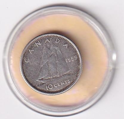 Canada 10 Cent 1959 Zeer Goed met Patina, Verzenden, Noord-Amerika, Losse munt, Zilver